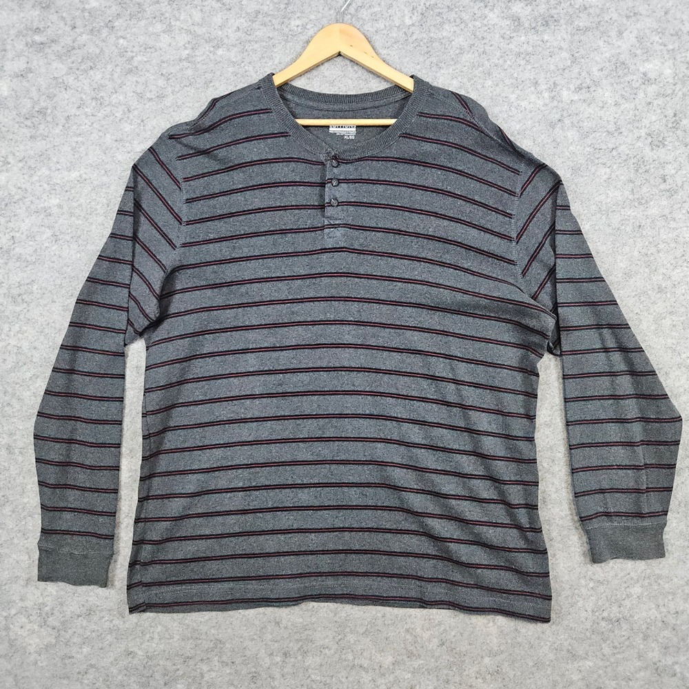 Basic Editions Men's Gray & Red Striped Size XL Thermal Henley Long‎ Sleeves